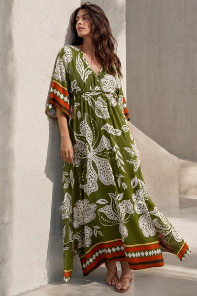 Madmext Green Long V-Neck Pattern Women's Dress MG2100