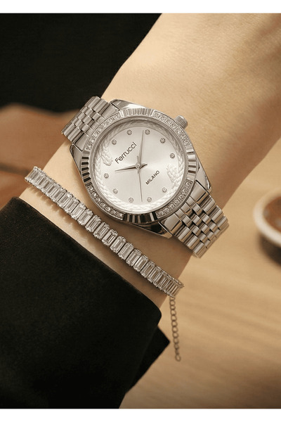 Ferrucci ساعة يد نسائية بسوار معدني ذهبي وردي - إطار شبكي أنيق بأرقام رومانية