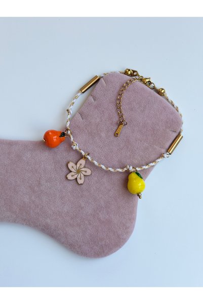 BURÇİN AKSESUAR Fruity and Floral Steel Charm Drawstring Anklet