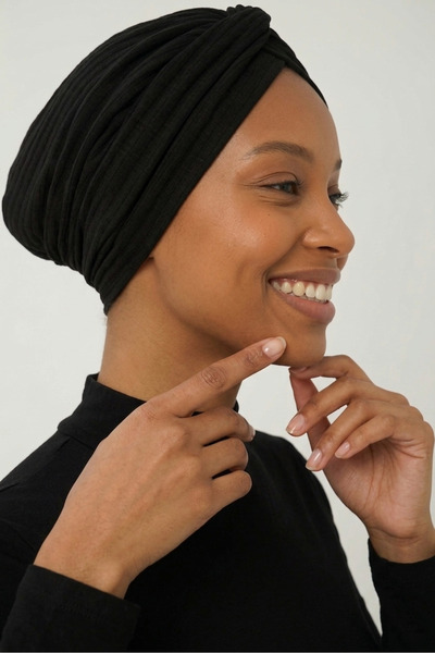 elysianfidan Crossed Combed Cotton Lined Black Ready-To-Wear Turban Hijab Pool Cap Suitable for Medical Use
