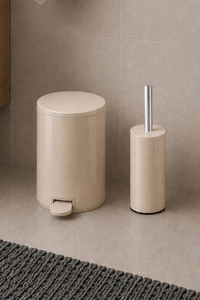 Prima Nova Cigo 2'li Banyo Seti Çelik Çöp Kovası + Tuvalet Fırçası - Bej