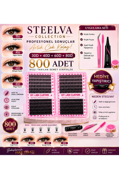 STEELVA Takma Kirpik Seti 800 Adet, Yapıştırıcı Cımbız Ve Kirpik Fırçasıyla B...
