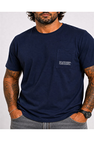 Starbattal Men's Large Size Crew Neck T-Shirt with Pockets 26145 Navy Blue