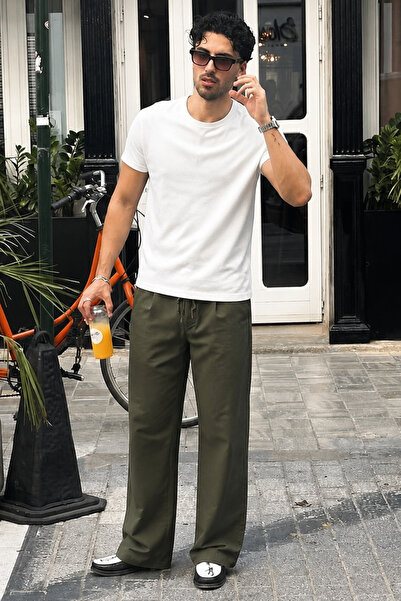 Khaki Wide Leg Waist Tie Men's Trousers E7403