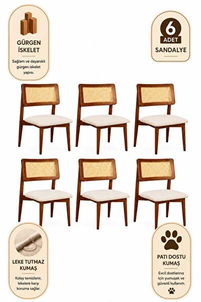Lif Mobilya Hasır Sandalye Ceviz Renk – İskandinav Tasarım (6’lı Set)