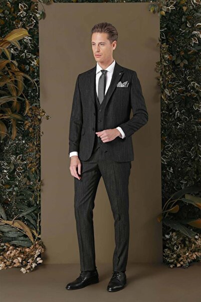 Efor Slim Fit Yağmur Desenli Esnek Siyah Yelekli Takım Elbise TK 883