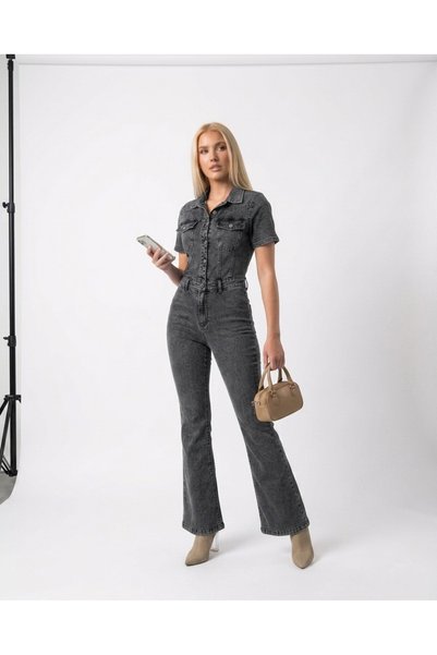 SHEVEGA Smoked Spanish Style Short Sleeve Denim Jumpsuit