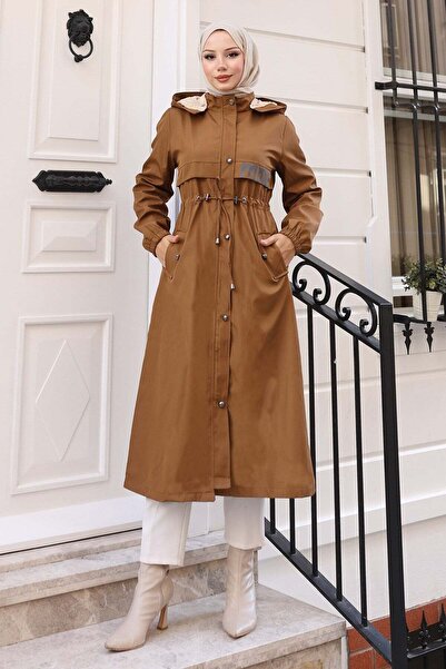 Missvalle Text Detailed Hooded Coat Tan 15900