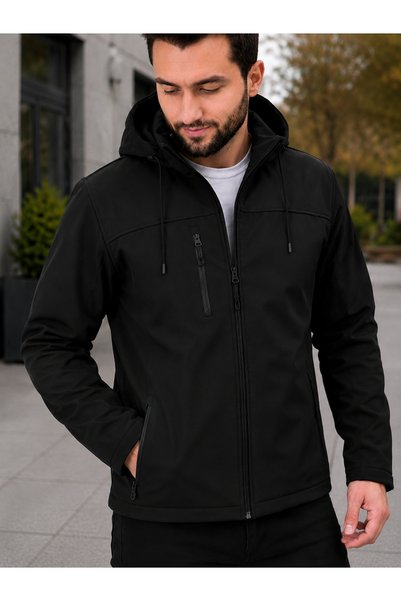 zeyra Men's Detachable Hooded Inner Fleece Water and Wind Resistant Softshell Coat - Black