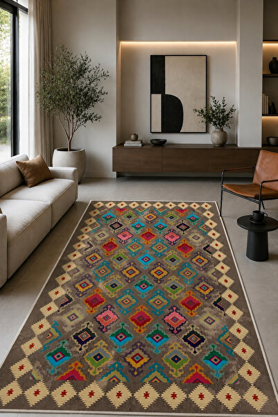 Serteks Yıkanabilir Kaymaz Tabanlı Dekoratif Kilim Halı Salon Halısı Mutfak A...