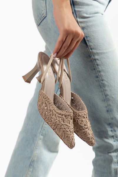shop Women's Knitted Lace Pointed Toe Heeled Shoes with Elastic Back