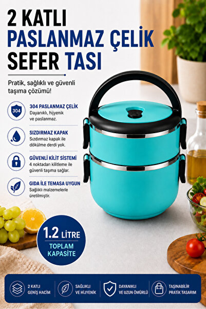 Sas Haus 2 Katlı 1.2 Litre Paslanmaz Çelik Sefer Tası Sızdırmaz Kapaklı Yemek...