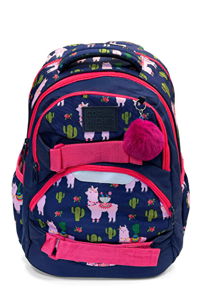 Coral High Colorful Llama Patterned School Backpack 24446