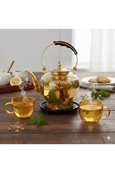 Qerhome Ahşap Saplı Isıya Dayanıklı Borosilikat Amber Cam Demlik – 1200 ml Süzgeçli Cam Demlik Oval