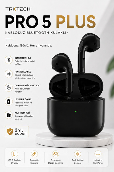 TrkTech Pro 5 Plus Siyah Kablosuz Bluetooth Kulaklık Bluetooth 5.3 TWS iOS An...