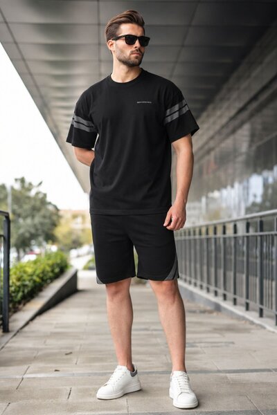Madmext Siyah Şerit Detaylı Erkek Şort T-shirt Takım E7301
