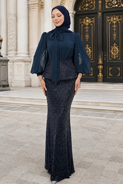 İmajButik Navy Blue Beaded Embroidered Skirt Evening Dress Set