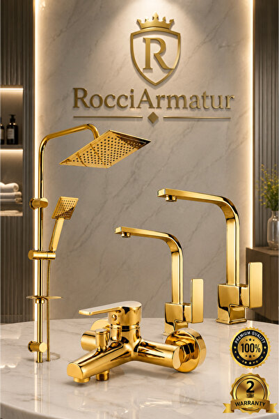 RocciArmatur 4’lü Batarya Seti Gold Altın Pirinç Banyo Lavabo Kare Mutfak Evi...