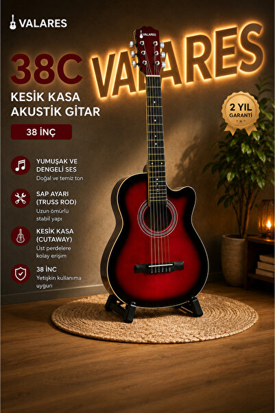valares 38C Kesik Kasa Kırmızı Akustik Gitar 38 İnç Sap Ayarlı Cutaway + kılı...