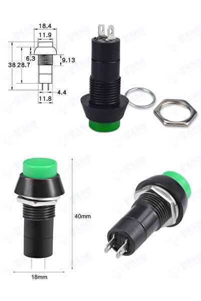 FANO (5 Adet)12mm 250V 3A Yeşil Basmalı PBS-11B Kendiliğinden Kilitlenmeyen Açma/Kapama Düğme Anahtar