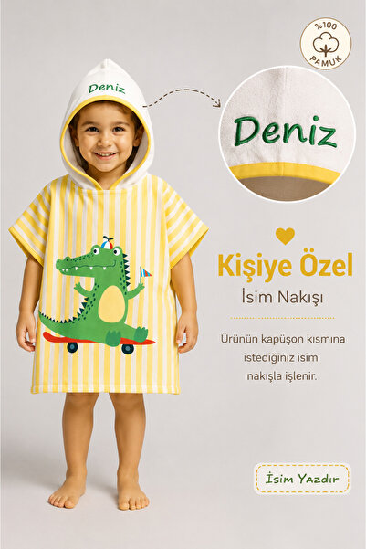 Minilee Kaykaycı Timsah - İsimli Çocuk Kapşonlu Panço Havlu – Deniz, Havuz ve...