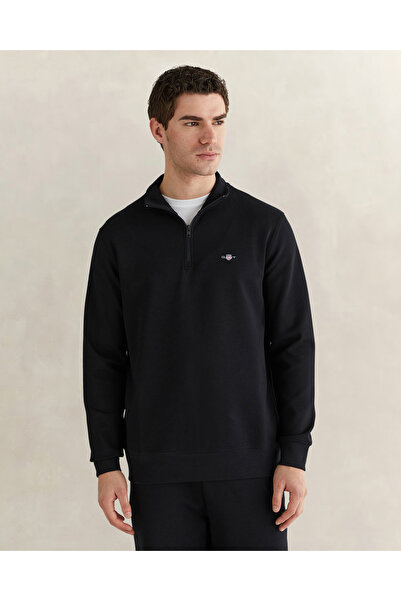 Gant Erkek Siyah Relaxed Fit Yarım Fermuarlı Logolu Sweatshirt