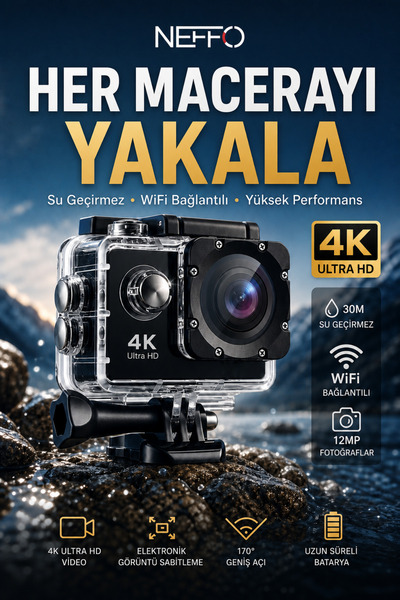 NEFFO Aksiyon Kamera 4K Ultra Hd 170 Derece Çekim Wifi Bağlantılı 4K Hd Kalite