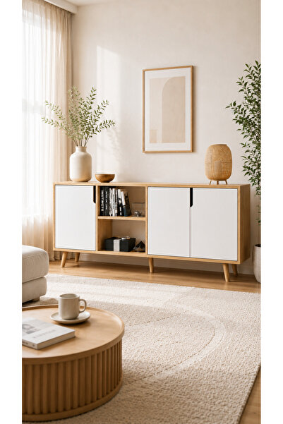 VM VERTEX MOBİLYA Latina Modern Konsol 3 Kapaklı 180 Cm Safir Meşe - Beyaz