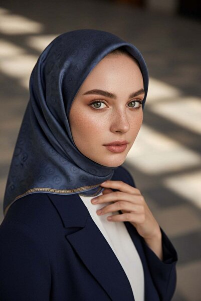 Vissona %100 Twill İpek Monogram Desenli İndigo Renkli 90x90 Eşarp Dikim Şekl...