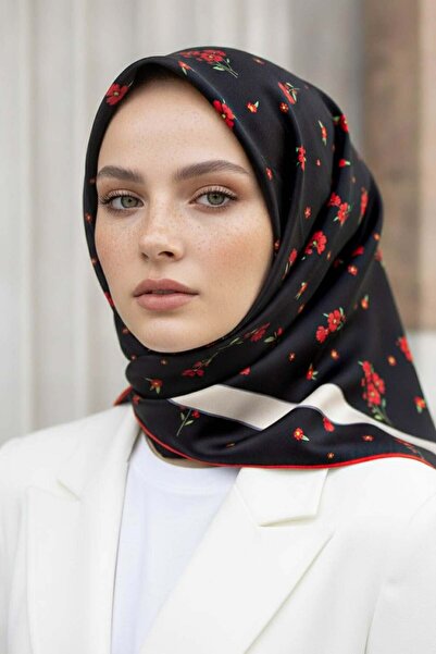 Vissona % 57 İPEK % 43 VİSKON Twill İpek Çıtır Çiçek Desenli Siyah - Kırmızı ...
