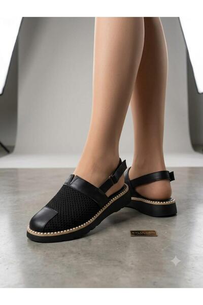 Hanımsoller Black Lace Knitwear Knitted Detailed Sandals