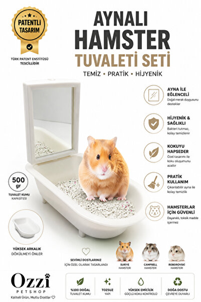 ozzipetshop Hamster Tuvalet Kabı 500 gr Tuvalet Kumu Seti Beyaz Koku Kontrolü