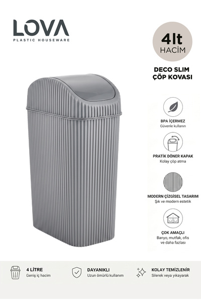 Lova 4 Lt Deco Slim Mutfak,Banyo,Tezgahüstü Çöp Kovası