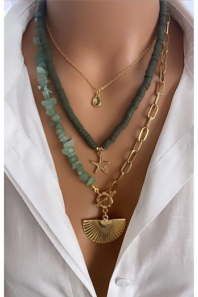 Trend Jewellery (3 KOLYE) Doğal Taş Aventurin Yeşil Altın Kaplama Zincir Ve Y...