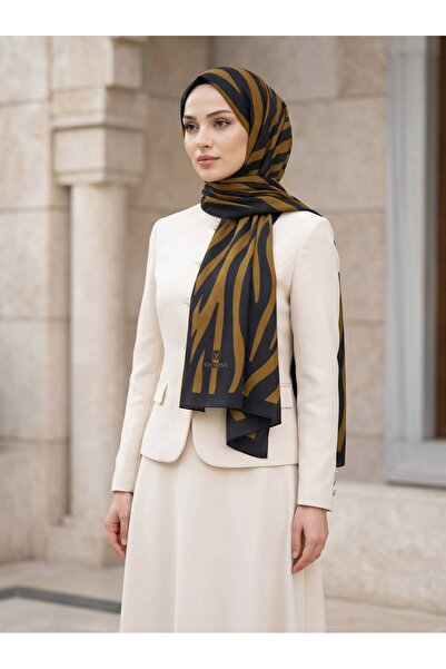 Vissona KREP KIRIŞMAZ ŞAL ZEBRA DESENLİ SİYAH - HARDAL RENKLİ 75X195