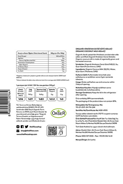 TheLifeCo Organik Hindistan Cevizi Sütü 400ml