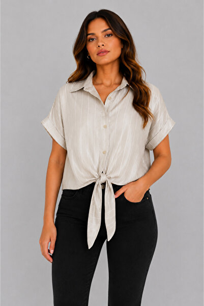Basics&More Women's Satin Look Striped Short Sleeve Shirt - Beige