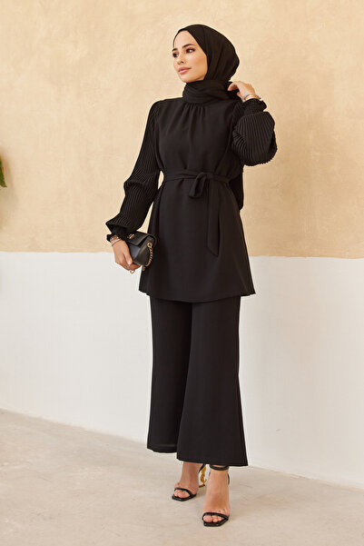VAVİNOR Pleated Sleeves Trousers Tunic Set - Black