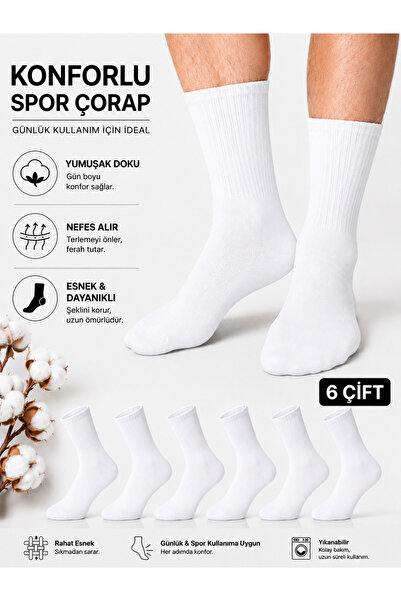 Bilal Çınar Tekstil Pamuklu Unisex Tenis Çorap Uzun Boy Spor Çorap 6 Çift Penye