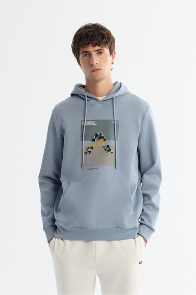 Avva Men's Light Blue Hooded Cotton Printed Elastane Regular Fit Sweatshirt A...