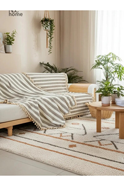 NDC HOME Premium Linen Brown Striped Beige Pompom Sofa Cover (170 X 220)