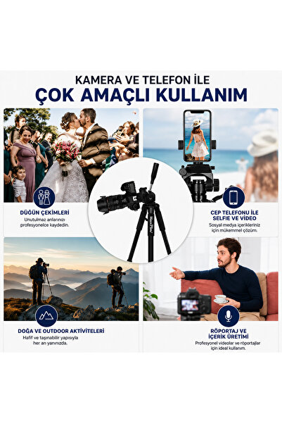 Genel Markalar 175 Cm Ayarlanabilir 360° Dönebilen Taşıma Çantalı Tripod Profesyonel Çekim Doğada,Evde,Stüdyoda