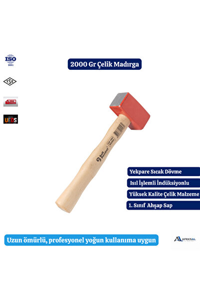 Sait Demirci Profesyonel 2000 Gr Dövme Çelik Madırga Çekiç Ahşap Saplı 2 Kg