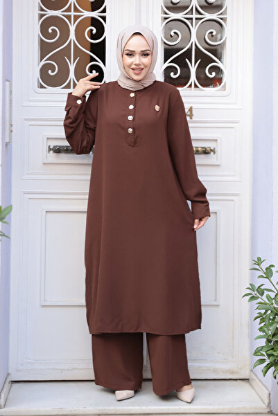 N.S NEVA STYLE Button Detailed Brown Hijab Double Set 76642Kh