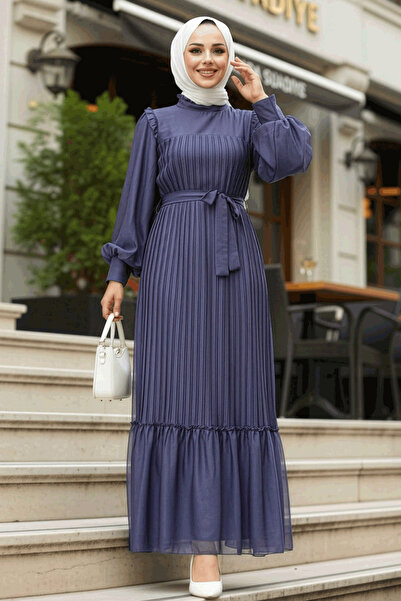 Neva Style Nabrano Indigo plava haljina sa hidžabom 39651IM