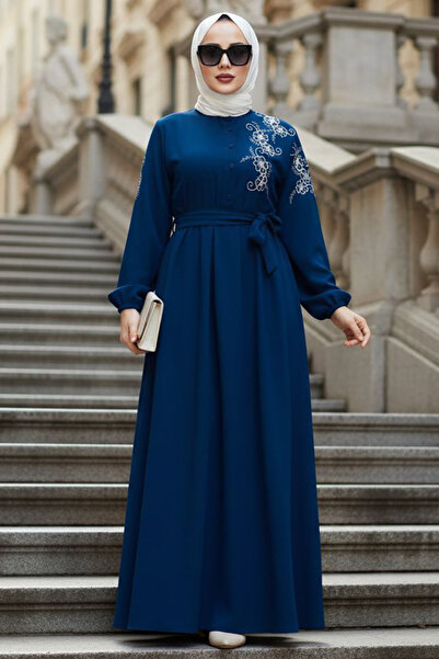 N.S NEVA STYLE Belted Petrol Blue Hijab Dress 30550Pm