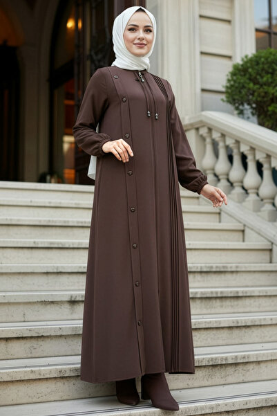 N.S NEVA STYLE Fermuarlı Koyu Kahverengi Tesettür Abaya 45309KKH