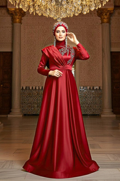 Neva Style Boncuk İşlemeli Bordo Tesettür Abiye Elbise 22441BR