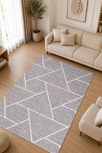 Serente Home Geometrik Desenli Yıkanabilir Kaymaz Taban Gri Şönil Salon Halıs...