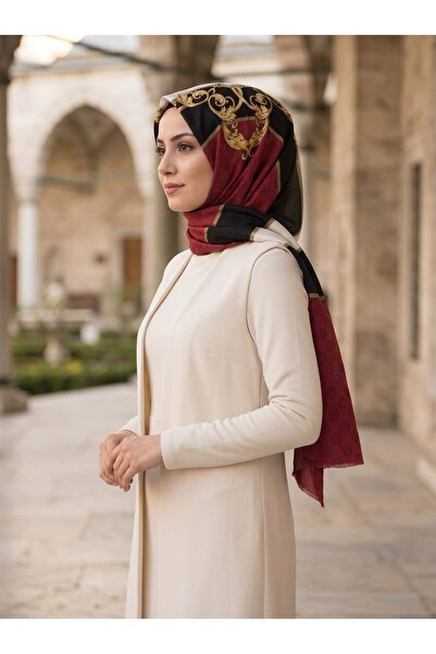 Vissona %100 Saf İpek Şal İnce Saten Vual Dokuma Monogram Ve Varak Desenli Bo...